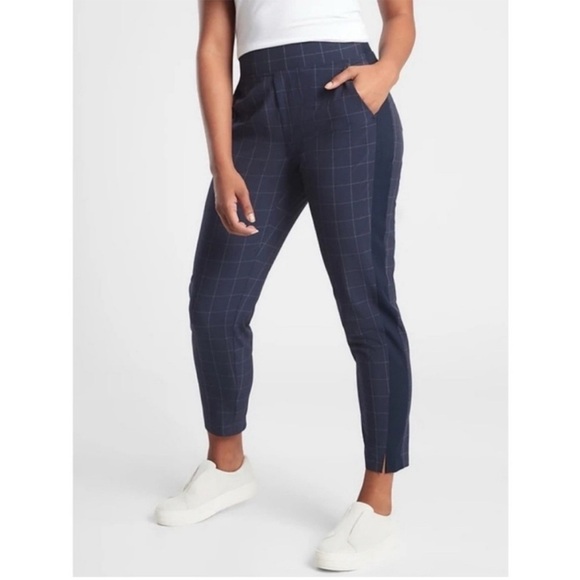 ATHLETA Brooklyn Textured Ankle Pants Navy Windowpane Plaid Sz 2 - Picture 1 of 16
